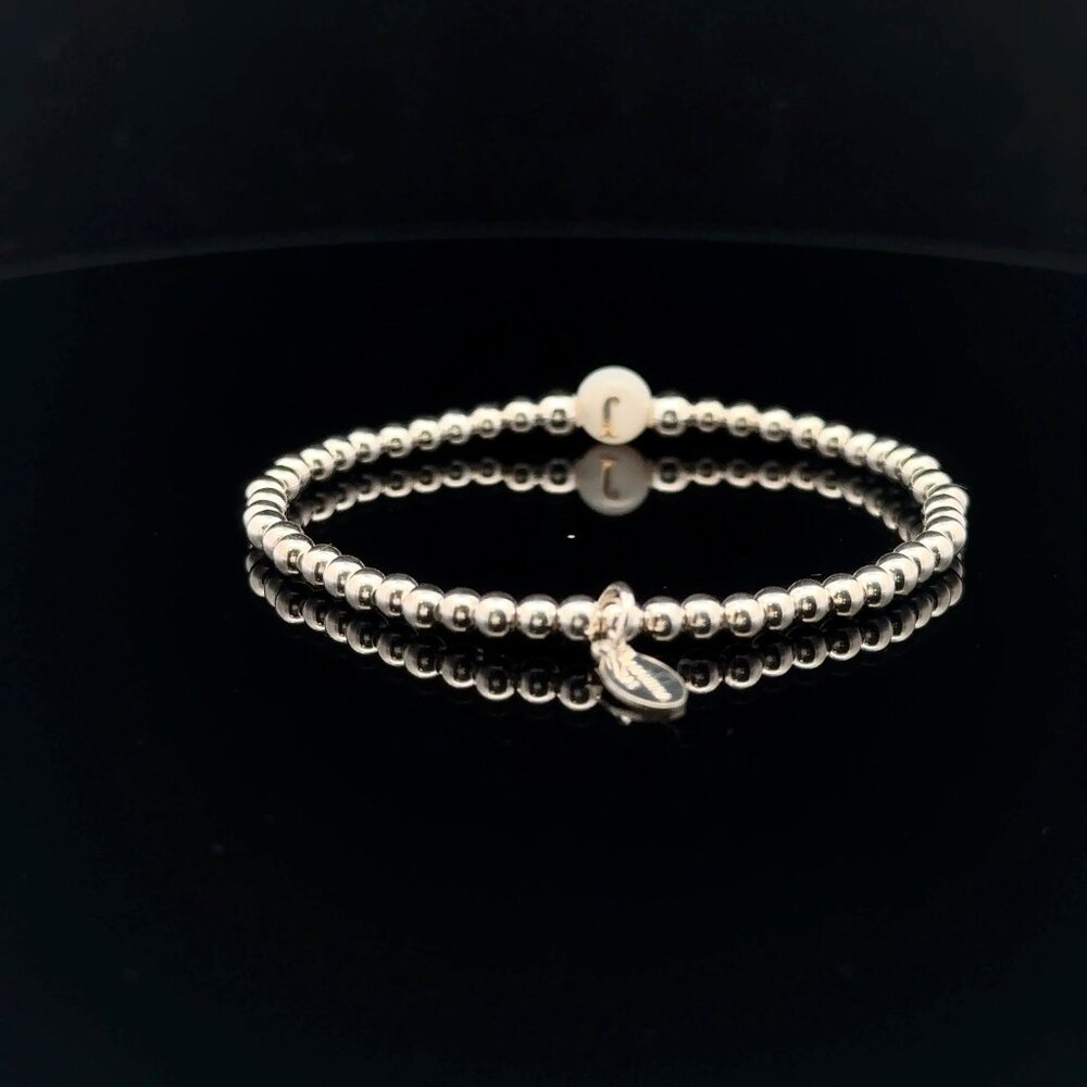925 Sterling Silver Beaded Stretch Stacking Bracelet MOP Letter Initial J - Picture 4 of 6